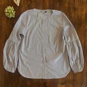 Elliot Lauren | Pinstripe Collarless Button Down Shirt with  Lantern Sleeve